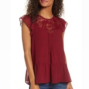 Gibson Burgundy Dressy Blouse Shirt Lace Ruffle Hem Sleeveless Flowy Size XS
